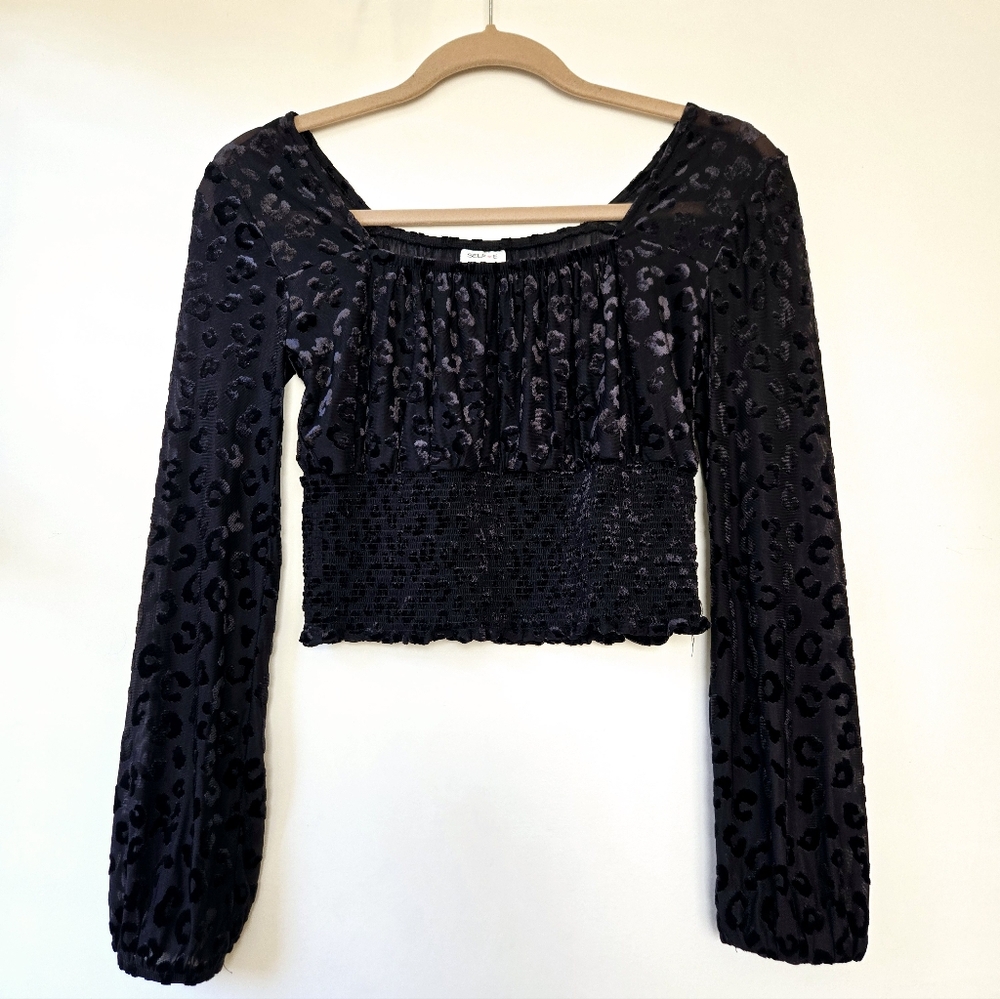 SelfieCropped Long-Sleeve Velvet Burnout Top - Black
